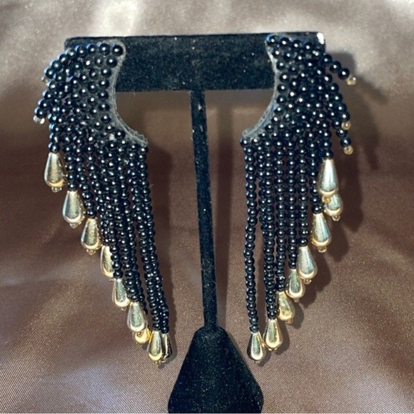 Vintage 80s Black Seed Bead & Gold Dangle Fringe Statement Earrings Retro Chic - Picture 3 of 7